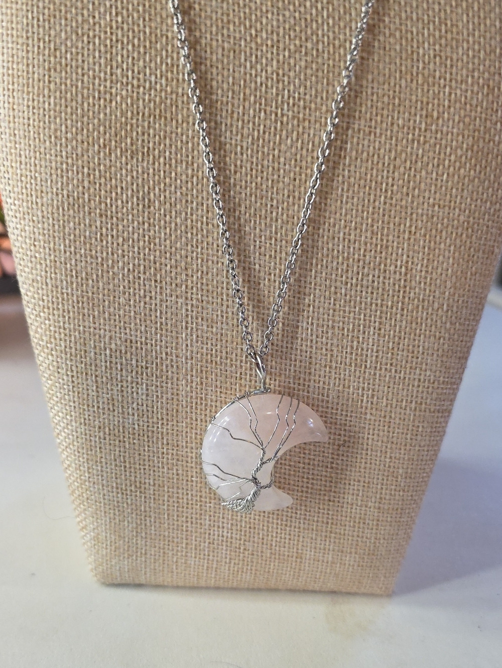 Dainty Wire-Wrapped Tree of Life Crescent Moon Pendant Necklace Pale Rose Quartz